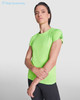 A bright green women's T-shirt with a fitted style and rolled sleeves, featuring a small logo.