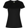 A black women's T-shirt with short sleeves, featuring a logo on the sleeve.