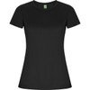 A black women's T-shirt with short sleeves and a fitted silhouette, featuring a branding logo.