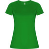 A green women's T-shirt with short sleeves and a fitted design. Features a logo on one sleeve.