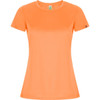 An orange women's T-shirt with short sleeves, featuring a logo on the sleeve.