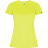 A women's T-shirt in bright lime green, featuring short sleeves and a fitted style. It has a logo on one side.