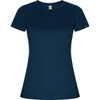 A navy blue women's t-shirt featuring a fitted style and a small logo tag on the sleeve.