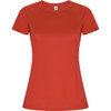 A red women's T-shirt with short sleeves and a fitted design. Features a logo on the sleeve.