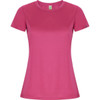 A pink women's T-shirt with a round neckline and short sleeves. It has a simple design and a branded logo.