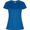 A blue women's T-shirt with short sleeves and a fitted design, featuring a logo on one side.