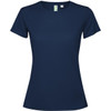 A navy blue women's T-shirt with short sleeves and a fitted design, featuring a logo on the label.