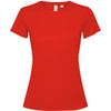 A red women's T-shirt with a fitted design and short sleeves, featuring a brand logo.