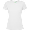 A white women's t-shirt with a fitted design and short sleeves. It has a small logo on the label.