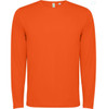 An orange long-sleeved T-shirt with a simple design and a label at the neck. It features a logo.