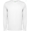 A long-sleeved T-shirt in white, featuring a simple design and a logo on the garment.