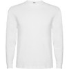A white long-sleeved t-shirt with a round neck and a logo on the front.