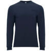 A navy long-sleeved T-shirt featuring a pocket and a logo on the collar.