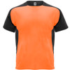 An orange and black T-shirt featuring short sleeves and a logo. Suitable for casual wear and sports activities.