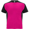 A pink and black T-shirt featuring a contrasting colour design and a branding logo.