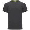 A dark grey t-shirt featuring short sleeves and a subtle logo. Suitable for casual wear or sports activities.