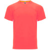 A bright orange T-shirt featuring short sleeves and a crew neck design, with a logo on the label inside.