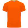 An orange T-shirt with a crew neck and short sleeves, featuring a logo on the label.