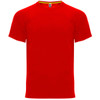 A red T-shirt featuring short sleeves and a rounded neckline, with a logo at the neck.