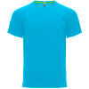 A bright turquoise t-shirt features short sleeves and a crew neckline. The shirt has a logo on the label.