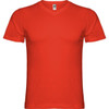 A red T-shirt with a V-neck design, featuring a label at the neckline and no visible branding.