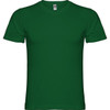 A green T-shirt featuring a round neckline and short sleeves. It has a branding label at the collar.