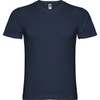 A navy blue T-shirt with short sleeves and a round neckline, featuring a logo on the tag.