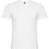 A white short-sleeved T-shirt featuring a logo on the neck.