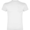 A white T-shirt featuring a small pocket and a round neckline. It has a simple design with a logo.