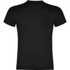 A black T-shirt featuring a small pocket, with a plain design and no visible logos or branding.
