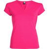 A pink T-shirt with a V-neck design and short sleeves, featuring a small logo.