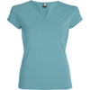A light blue T-shirt with a V-neck design and short sleeves. It features a label or logo.