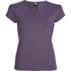 A purple Belice T-Shirt with a v-neck and short sleeves, featuring a logo on the label.