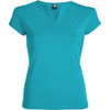 A turquoise T-shirt featuring a V-neck design and capped sleeves, with a logo near the neckline.