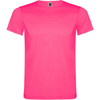 A bright pink T-shirt with short sleeves and a branding label at the collar.