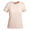 A light pink women's t-shirt with a crew neck and short sleeves, featuring a logo on the label.