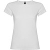 A white T-shirt with a classic crew neck and short sleeves, featuring a small logo at the collar.