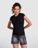 A black t-shirt with a fitted design, worn by a model. The image features plain styling and a subtle logo.