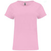 A pink T-shirt with short sleeves, featuring a round neck and a logo at the collar.