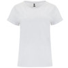 A white T-shirt with short sleeves, featuring rolled cuffs and a brand logo at the neckline.