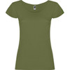 A green women's t-shirt with short sleeves and a scoop neckline. It features a label inside.