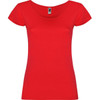 A red T-shirt with a scoop neckline and short sleeves. It features a logo label at the collar.