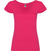 A pink T-shirt with a scoop neckline and short sleeves, featuring a brand label inside.