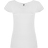 A white T-shirt with a scoop neckline and short sleeves, featuring a logo on the label.