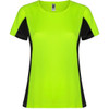 A vibrant women's T-shirt in bright lime green with contrasting black panels and a logo.