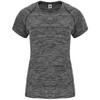 A grey women's T-shirt with a striped pattern and short sleeves, featuring a logo on the label.