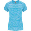 A light blue women's T-shirt with a textured design and a logo on the neckline.