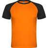 An orange T-shirt with black raglan sleeves, featuring a logo on the tag.