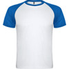 A T-shirt featuring a white body and blue raglan sleeves, with a logo on the neckline.