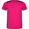 A pink T-shirt with black side panels and a logo on the collar.